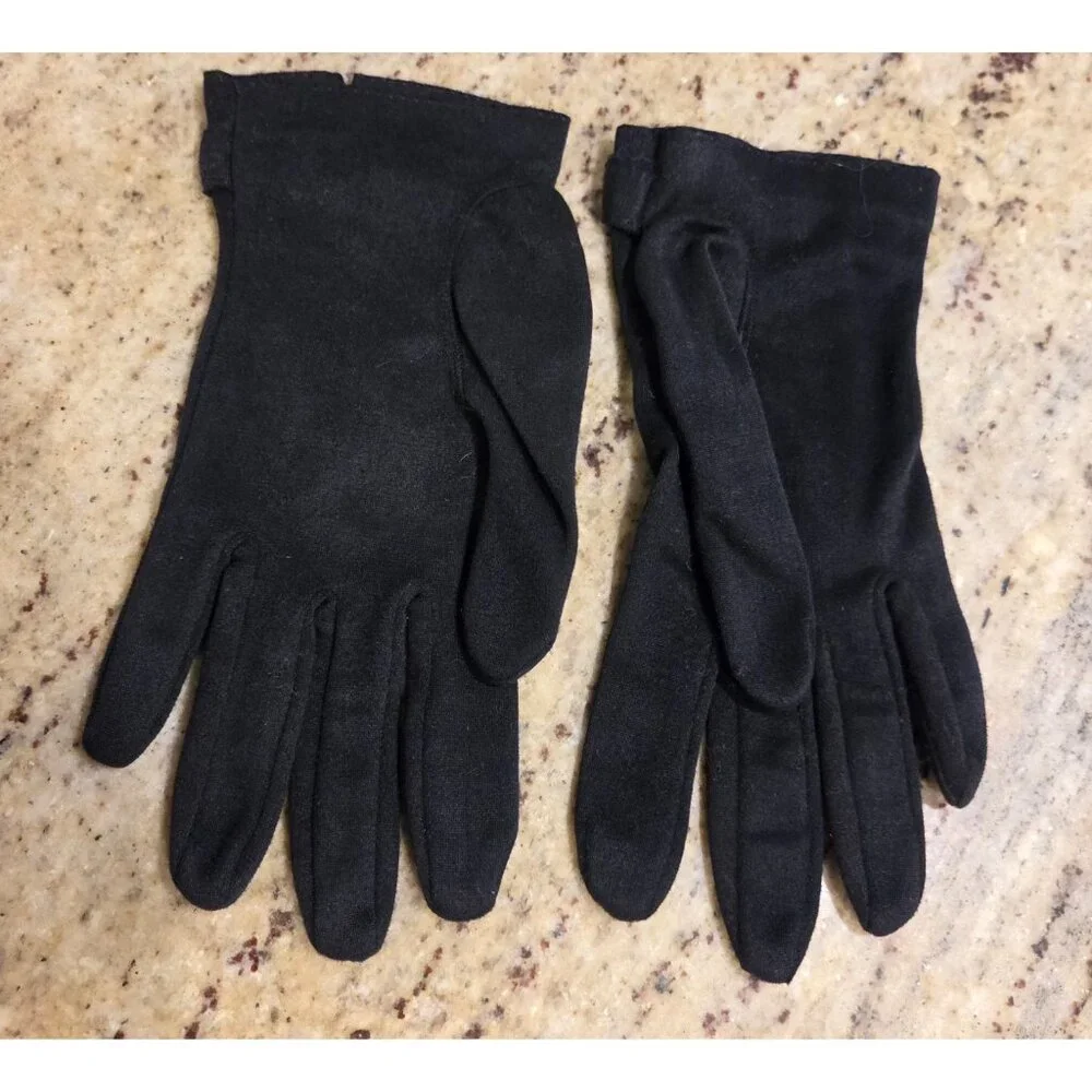Vintage Womens Size M Black Nylon Stretch Formal Gloves Twist Metal Accent